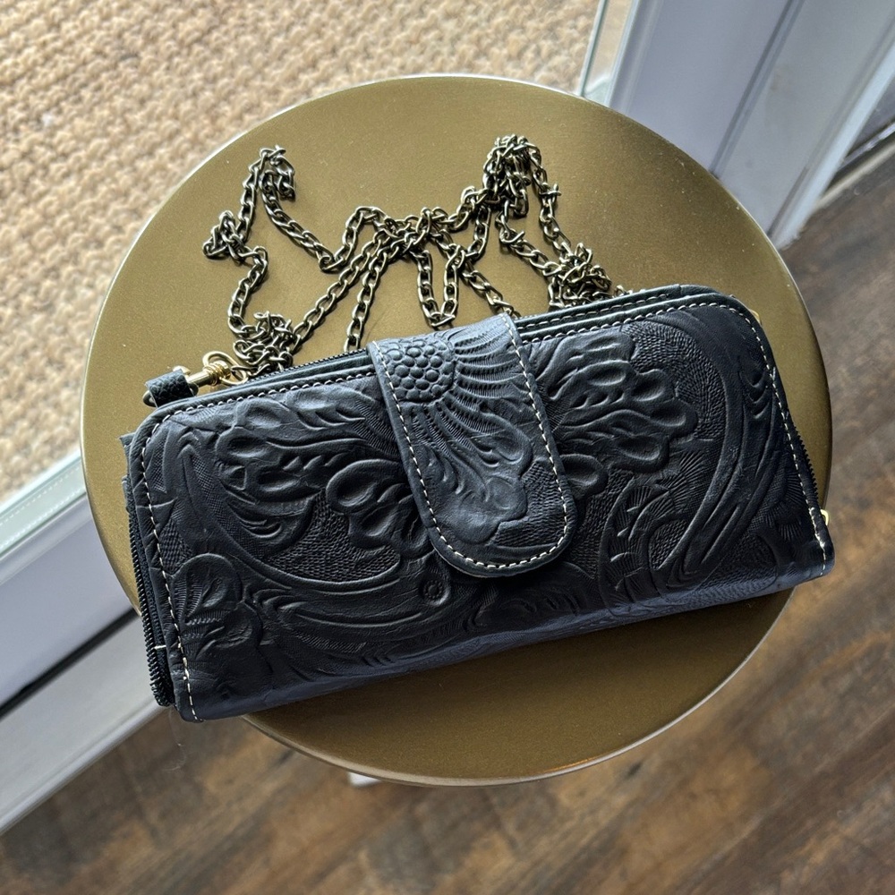 Black Embossed Leather Crossbody Wallet - Stylish Women's Bag